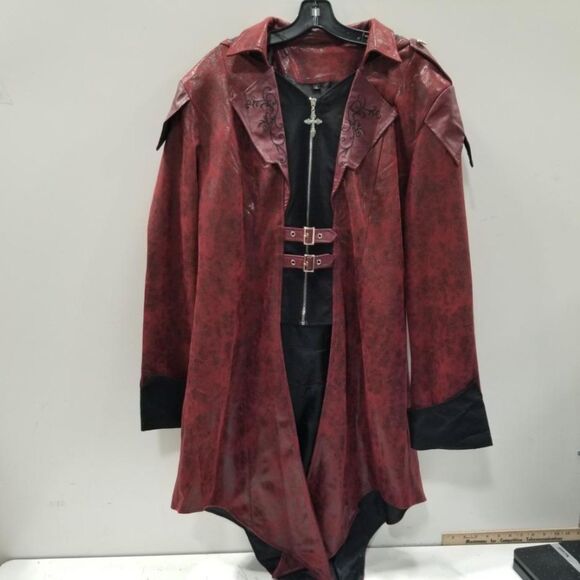 Crubelon Red Medieval Faux Leather Hooded Jacket Coat Men’s XL Goth - Picture 1 of 5